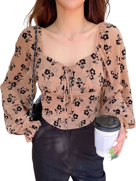 

dazy floral print sweetheart neck knot front flounce sleeve blouse c0in#, White