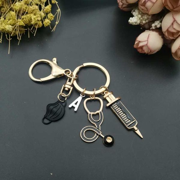 

keychains a-z letters, new design keychain doctor medical tool stethoscope syringe face mask key ring nurse gift souvenir, Silver
