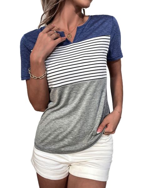 

striped colorblock notched neckline tee q2xv#, White