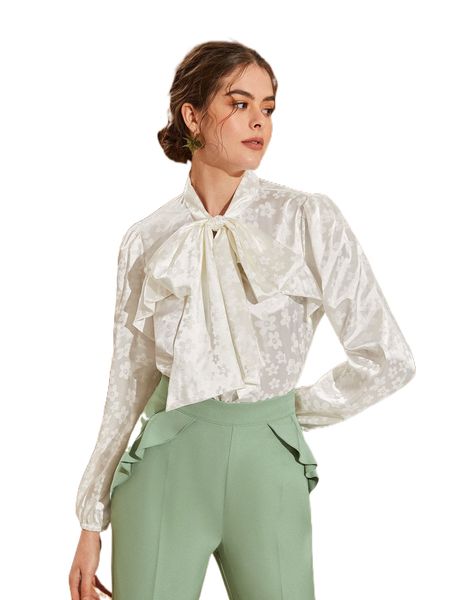 

tie neck jacquard floral print blouse c1sq#, White