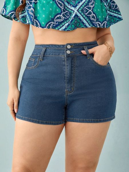 

plus slant pocket button front denim shorts i4bb#, White;black