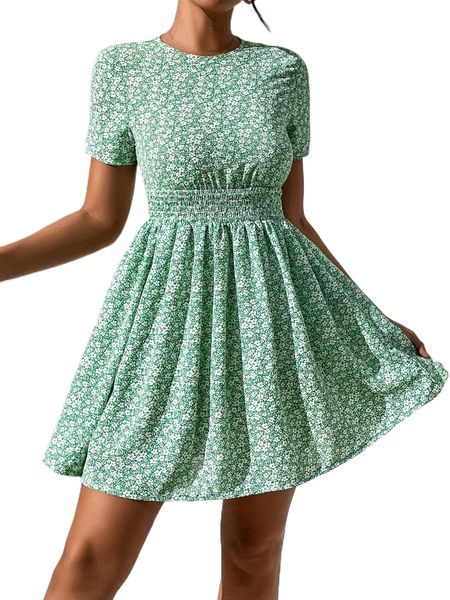 

petite ditsy floral shirred waist dress z0s9#, Black;gray