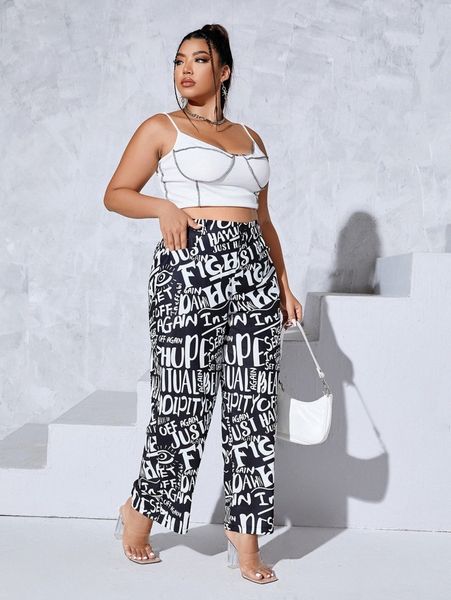 

plus allover letter graphic slant pocket pants n6ad#, Black