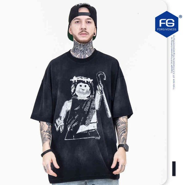 

men's t-shirts fg menswear spring and summer products chaopai high street washing toys king printed hand painted short sleeved t-shirt, White;black