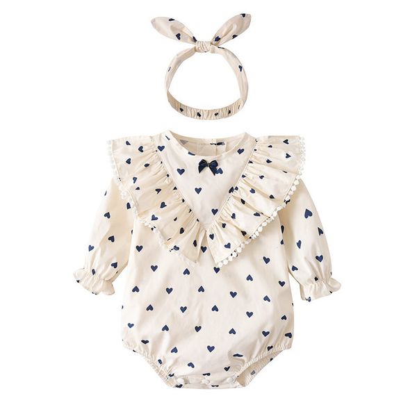 

ins infant girls love heart printed rompers baby lace falbala princess jumpsuits with rabbit ear headbands toddler kids cotton climb clothes, Blue
