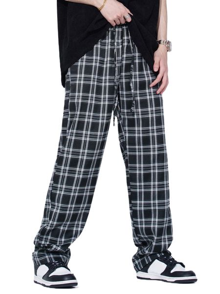 

men plaid drawstring waist straight leg pants g2g9#, Black