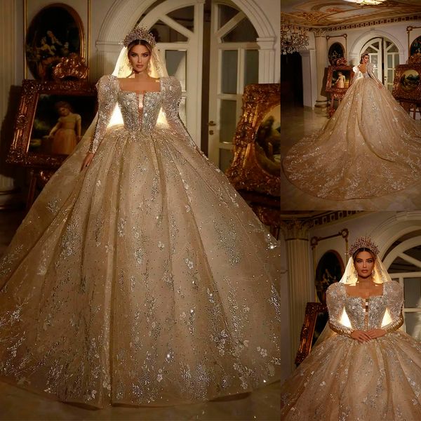 

wedding dress square-neck long-sleeve full appliqued lace organza ball gown elegant bridal dress sweep train, White