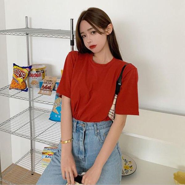 

women's t-shirt solid color women t shirt spring summer short sleeve round neck femme cotton spandex for womenwomen's, White