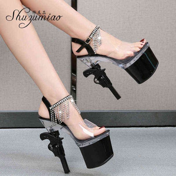 

sandals women shoes luxury brand wedding dress bride platform super high heels transparent stripper 220317, Black
