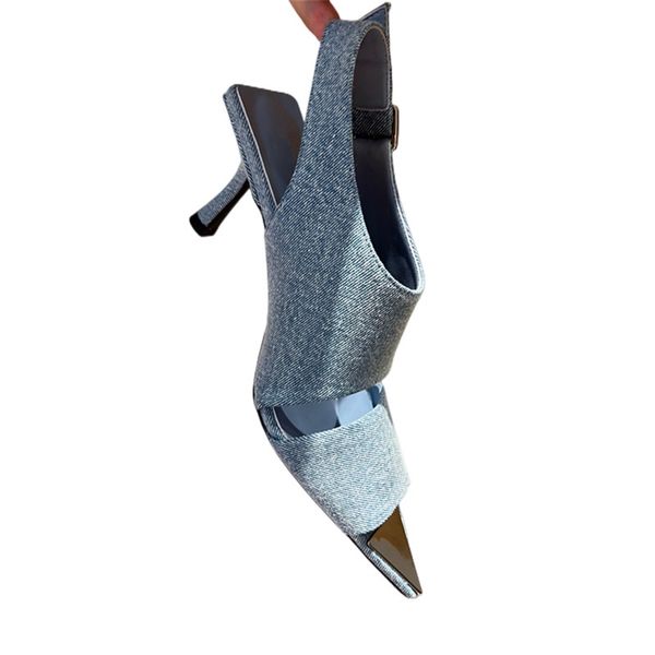 

sandals 2022ss new women wear sandal and slippers denim fabric pointed metal decorative slipper designer slides heels sandale fashion cool s, Black