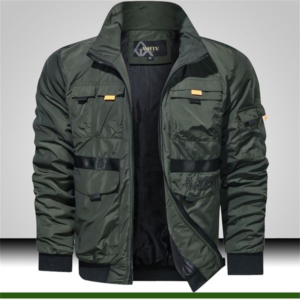 

mens windbreaker stand collar military lightweight jacket men multi pockets outdoor jacket fashion green tactical bomber jacket lj201013, Black;brown
