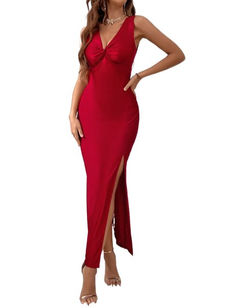 

twist bust split thigh fitted dress s5cn#, Black;gray