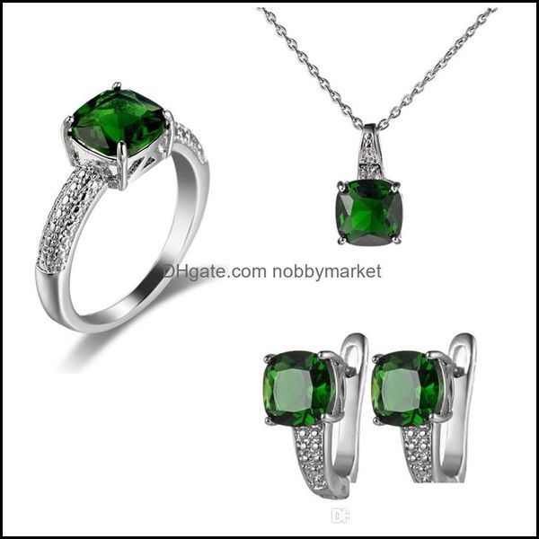 Outros conjuntos de jóias Luckyshine New Hook Brincos anéis de pingentes quadrados Green quartzo gems Sier Colar
