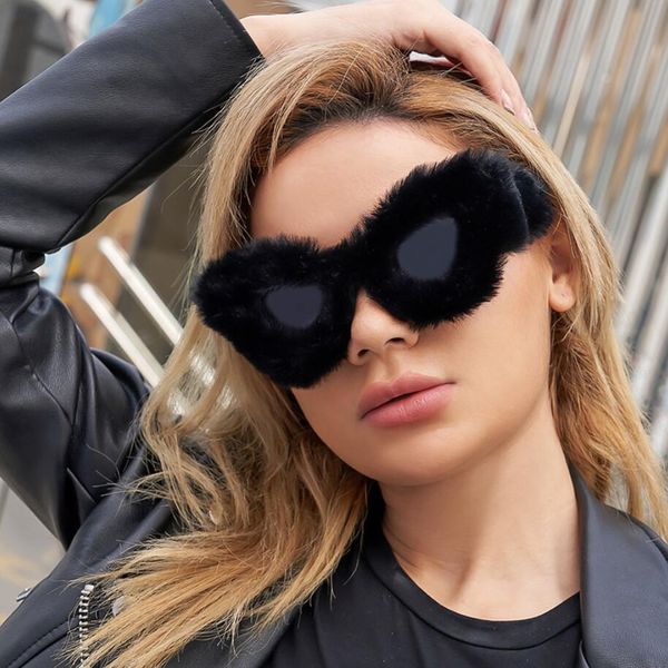 

fashion cat eye sunglasses women 2022 luxury brand designer pink soft fur velvet sun glasses for ladies handmade plush eyewear, White;black