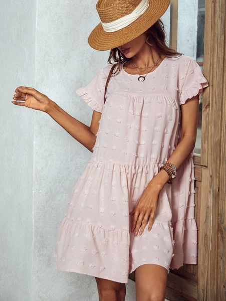 

swiss dot flounce sleeve ruffle hem smock dress o9ia#, Black;gray