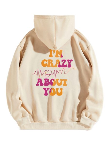 

heart & slogan graphic drawstring thermal hoodie e7xh#, Black