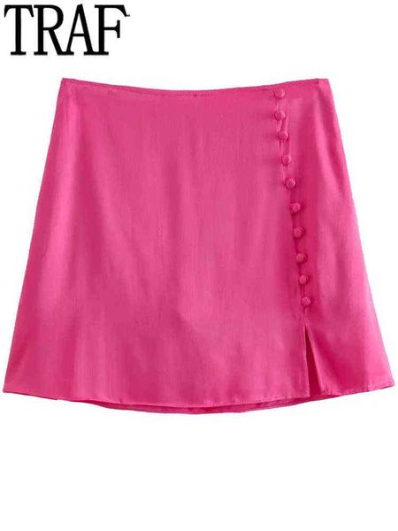 Traf 2022 Rosy Satin Rock Frauen hohe Taille kurze Röcke Frau Summer Button Skorts Modetree Y2K Green Minirock T220819