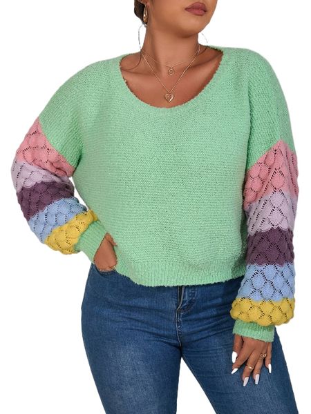 

plus colorblock drop shoulder sweater 697g#, Black