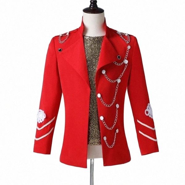 

men's stand collar chain button red blazer bar nightclub punk singer guest stage show costume evening party host slim suits & blazers, White;black