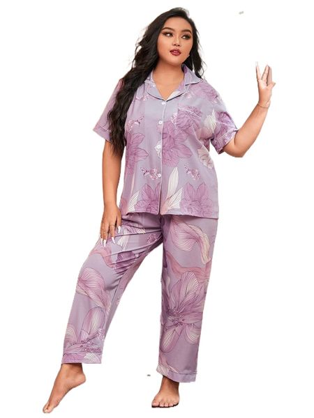 

plus floral print contrast piping pj set q9es#, Black;white