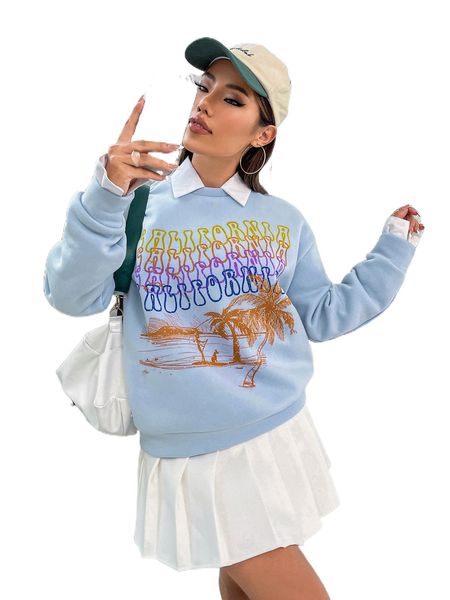 

coconut tree & letter graphic drop shoulder thermal sweatshirt m9h2#, Black
