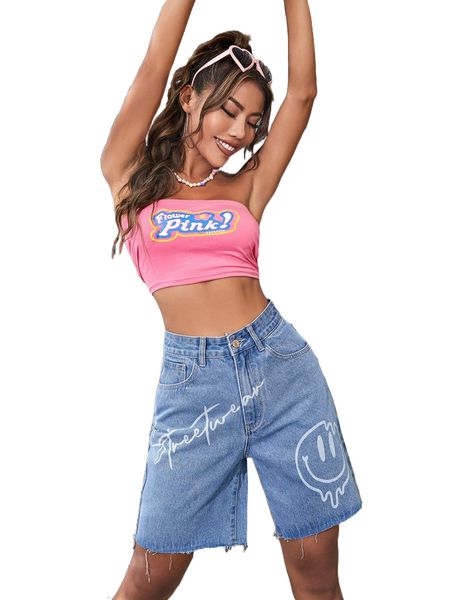 

cartoon face & letter graphic raw hem denim shorts p4a4#, White;black