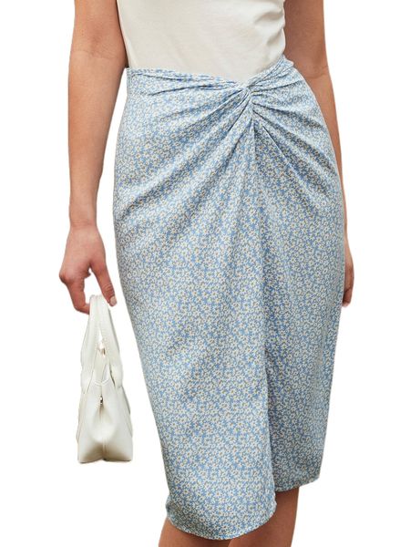 

ditsy floral twist split hem skirt 84h4#, Black