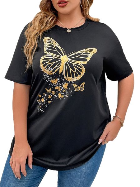 

plus butterfly print drop shoulder tee g8rj#, Black
