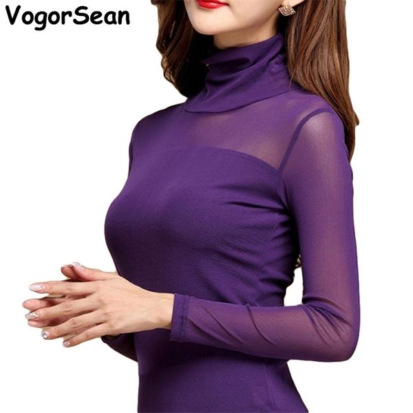 

women mesh elastic blouse shirt autumn winter casual and blouses turtleneck long sleeve slim plus size stretch 220315, White