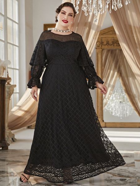 

plus mesh insert flounce sleeve lace maxi dress 17cs#, Black