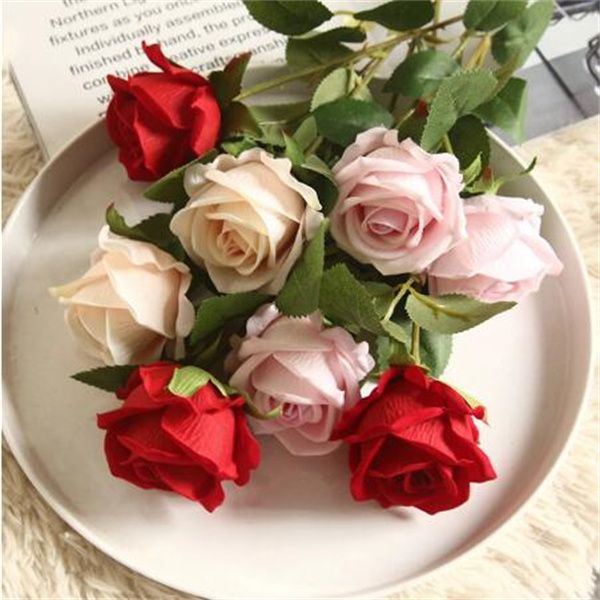 Flores artificiais Seda Rose Bouquet de Filial Longo para Decoração de Casamento Plantas Fake Wreath Supplies Acessórios GC1433