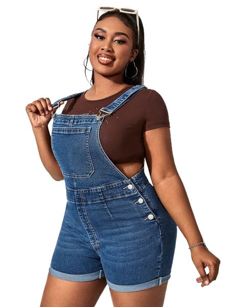

plus roll up hem denim overall romper without tee i3vh#, Black;white