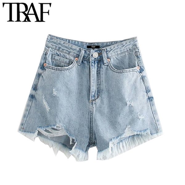 Traf Mulheres Chic Moda Bolsos Desfiados Hem Rasgado Denim Shorts Vintage Cintura Alta Zíper Fly Feminino Curto Jeans Mujer 210302