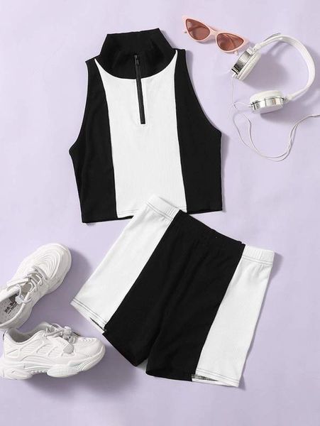 

teen girls color block tank & biker shorts set she, White