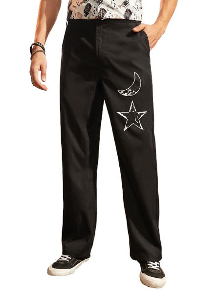 

men star & moon print pants i5q5#, Black