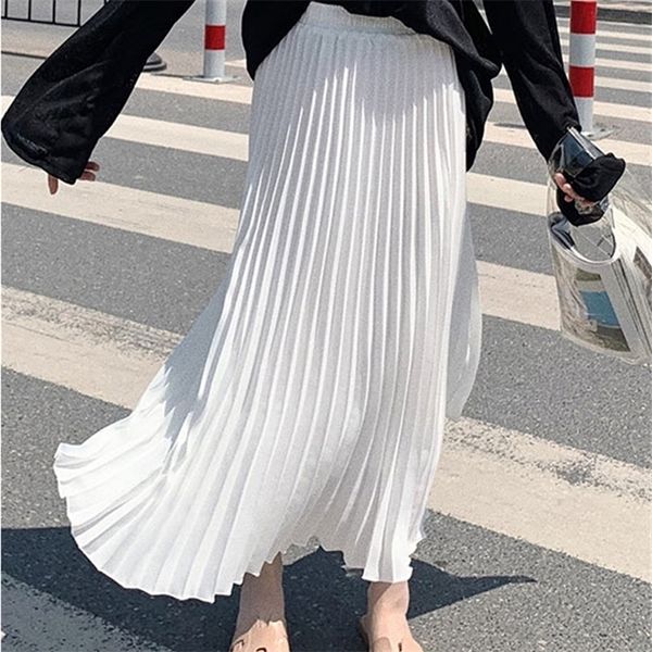 

womens fashion pleated midi long skirt female korean japanese casual high waist skirts jupe faldas 10 colors spring sk295 220701, Black