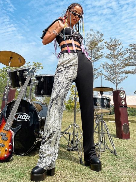 

colorblock straight leg pants e9jl#, Black;white
