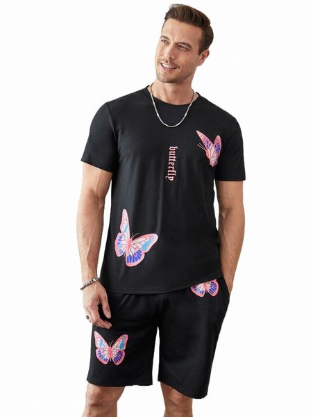 

men butterfly & letter graphic tee & shorts d1tc#, Gray