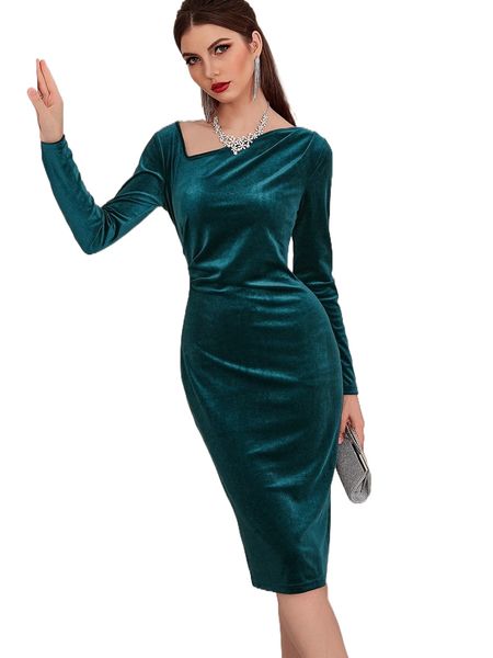 

asymmetrical neck velvet bodycon dress f8is#, Black;gray
