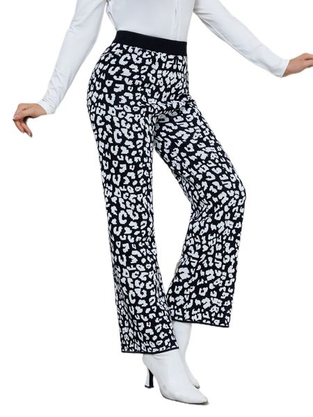 

high waist leopard pattern knit pants w9h9#, White;black