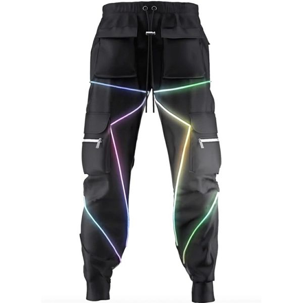 

april momo men's reflective night running sport pants side pockets cargo harem pants joggers trousers fashion casual pants 201126, Black