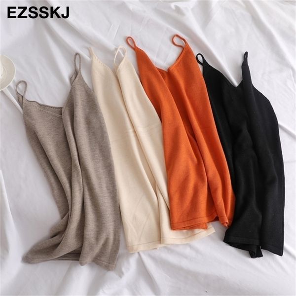 

chic basic v-neck camisole summer knit tank women strap cashmere camis female casual solid tank vest 220325, White