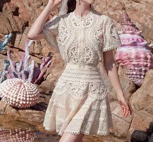 

european fashion two piece dress suit vintage temperament hollowed out high-grade splicing shorts two-piece set, White