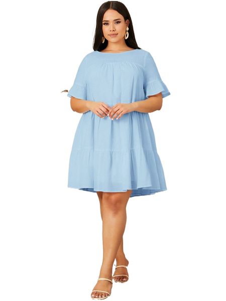 

plus solid ruffle hem flounce sleeve dress y71g#, Black