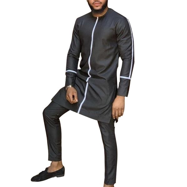 

african fashion man pant sets o-neck shirt and trouser senator style men's outfit dashiki wear patchwork black/white mix lj201117, Gray