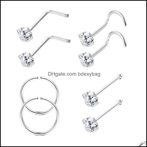 Burun Halkaları Saplamalar 8pcs 925 Sterling Sier L Şekilli CZ ve Hoop Kadınlar İçin Erkekler 22G sarmal piercing mücevher Li Bdesybag DHHXL