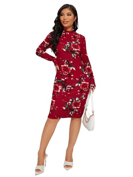 

floral print mock neck bodycon dress x0jj#, Black;gray