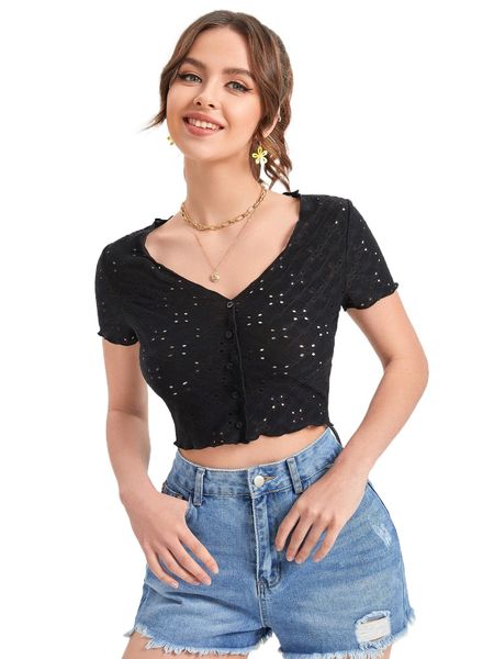 

button front lettuce trim tee 47we#, White