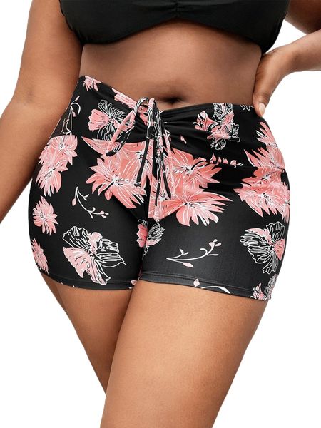 

plus floral print drawstring bikini bottom s0ko#, Black