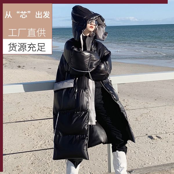 

winter down jacket woman hooded bright face long runway show korean version of loose casual white duck coat 201103, Black